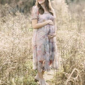 Lined, Sheer floral overlay dress with pouf sleeves and back tie details